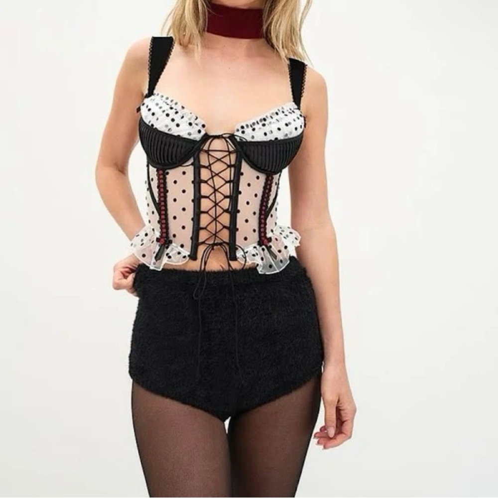 NWOT FLL For Love & Lemons Lucinda Black & White Polka Dot Corset 32DD